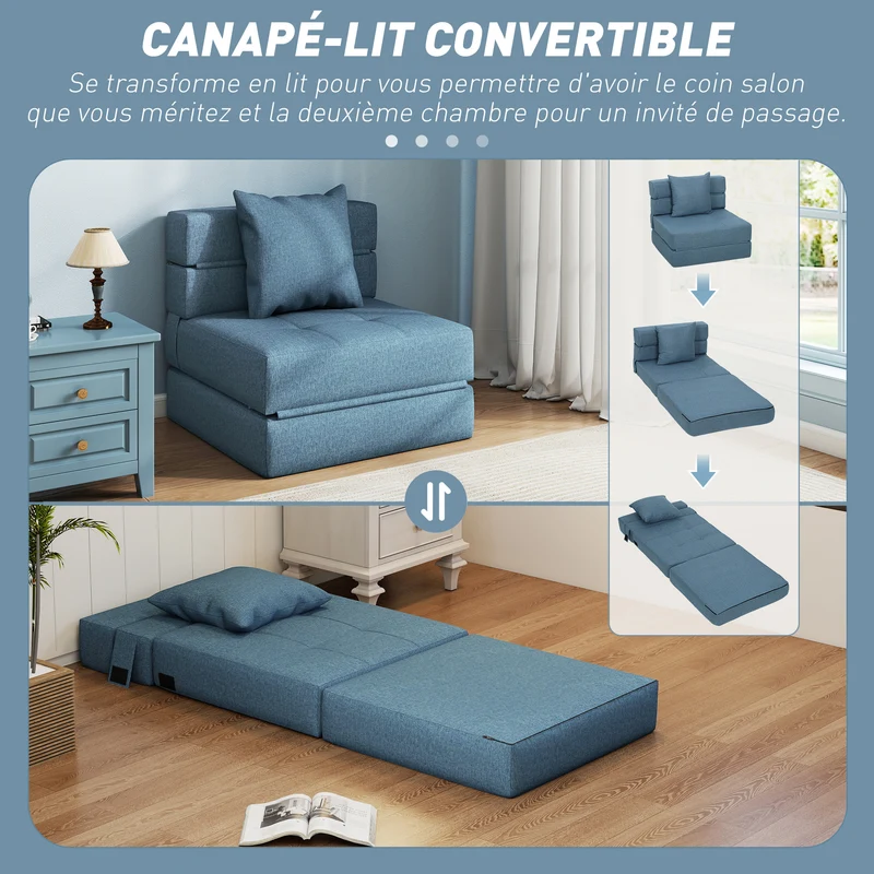 Chauffeuse convertible 1 place 70 x 70 x 61 cm lit d'appoint rapide assise rembourrée moderne en polyester bleu foncé 21_0003013