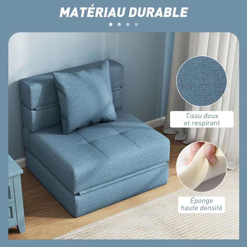 Chauffeuse convertible 1 place 70 x 70 x 61 cm lit d'appoint rapide assise rembourrée moderne en polyester bleu foncé 21_0003013