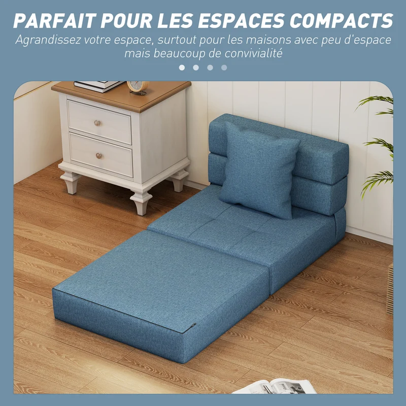 Chauffeuse convertible 1 place 70 x 70 x 61 cm lit d'appoint rapide assise rembourrée moderne en polyester bleu foncé 21_0003013