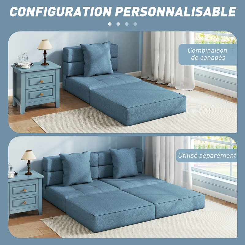 Chauffeuse convertible 1 place 70 x 70 x 61 cm lit d'appoint rapide assise rembourrée moderne en polyester bleu foncé 21_0003013