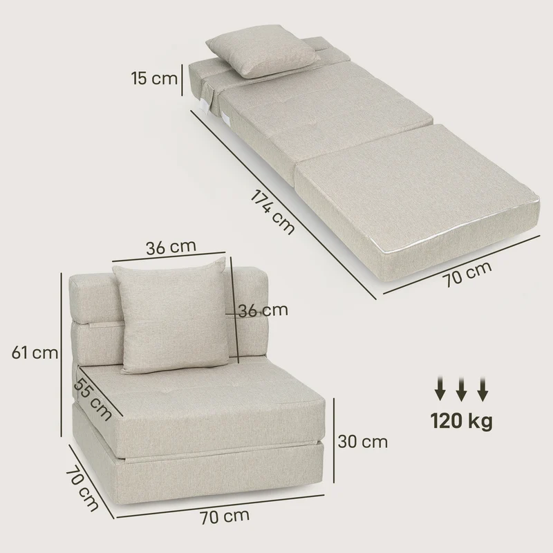 Chauffeuse convertible 1 place 70 x 174 x 15 cm siège rembourré et coussin déhoussable moderne épuré en polyester beige 21_0003010