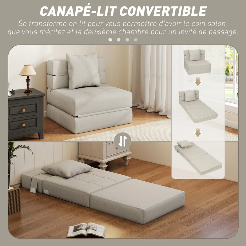 Chauffeuse convertible 1 place 70 x 174 x 15 cm siège rembourré et coussin déhoussable moderne épuré en polyester beige 21_0003010