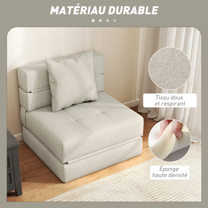 Chauffeuse convertible 1 place 70 x 174 x 15 cm siège rembourré et coussin déhoussable moderne épuré en polyester beige 21_0003010