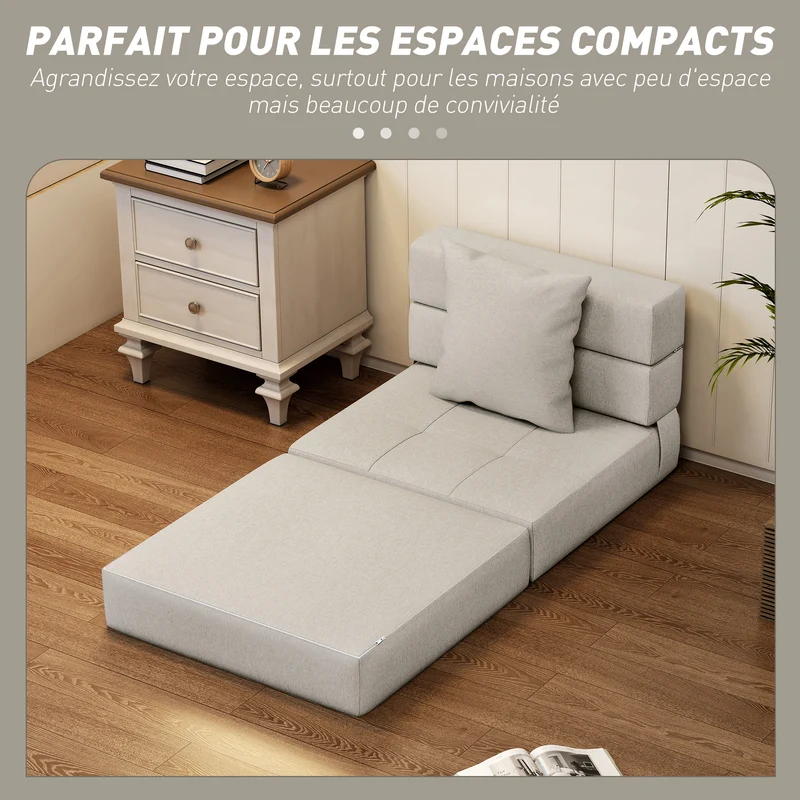 Chauffeuse convertible 1 place 70 x 174 x 15 cm siège rembourré et coussin déhoussable moderne épuré en polyester beige 21_0003010
