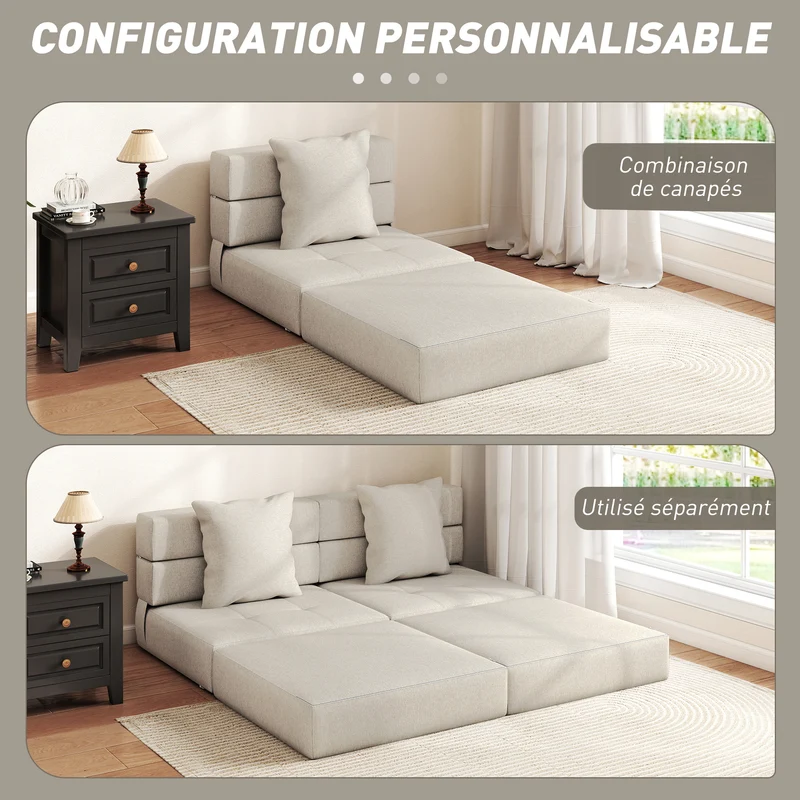 Chauffeuse convertible 1 place 70 x 174 x 15 cm siège rembourré et coussin déhoussable moderne épuré en polyester beige 21_0003010