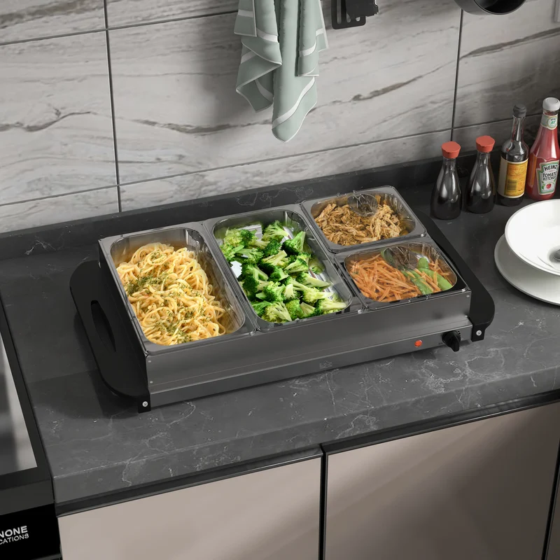 Chauffe-plats électrique buffet 4 zones 64 x 36 x 14 cm chaleur réglable 58-85 °c moderne en acier inoxydable argent 21_0000942