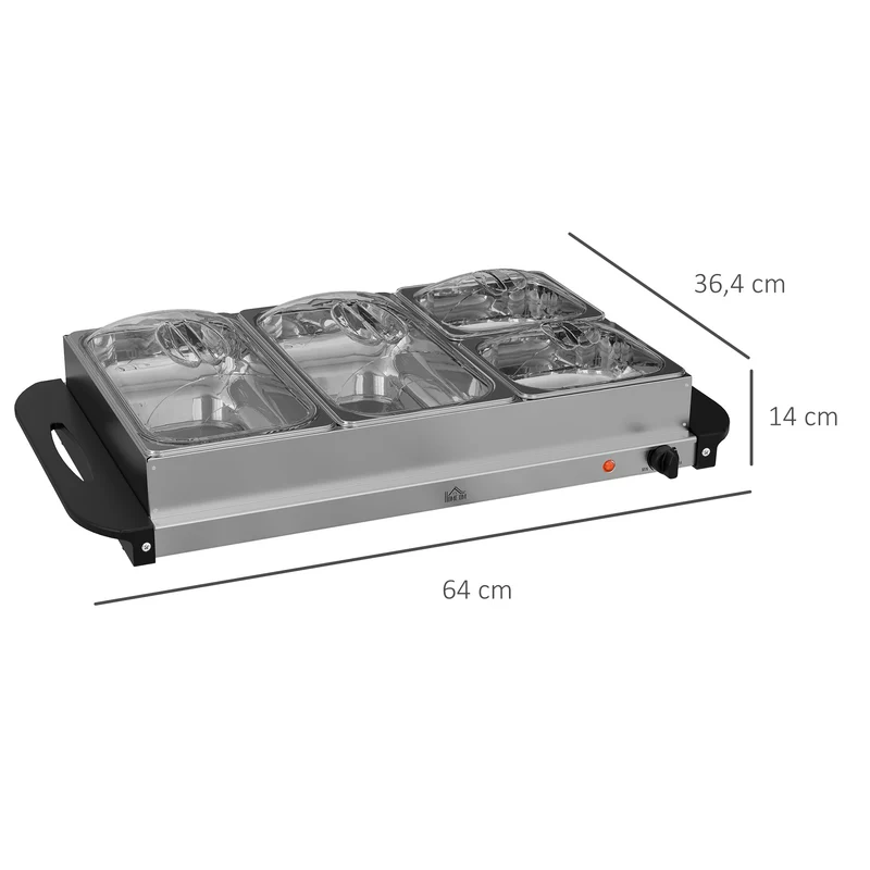 Chauffe-plats électrique buffet 4 zones 64 x 36 x 14 cm chaleur réglable 58-85 °c moderne en acier inoxydable argent 21_0000942