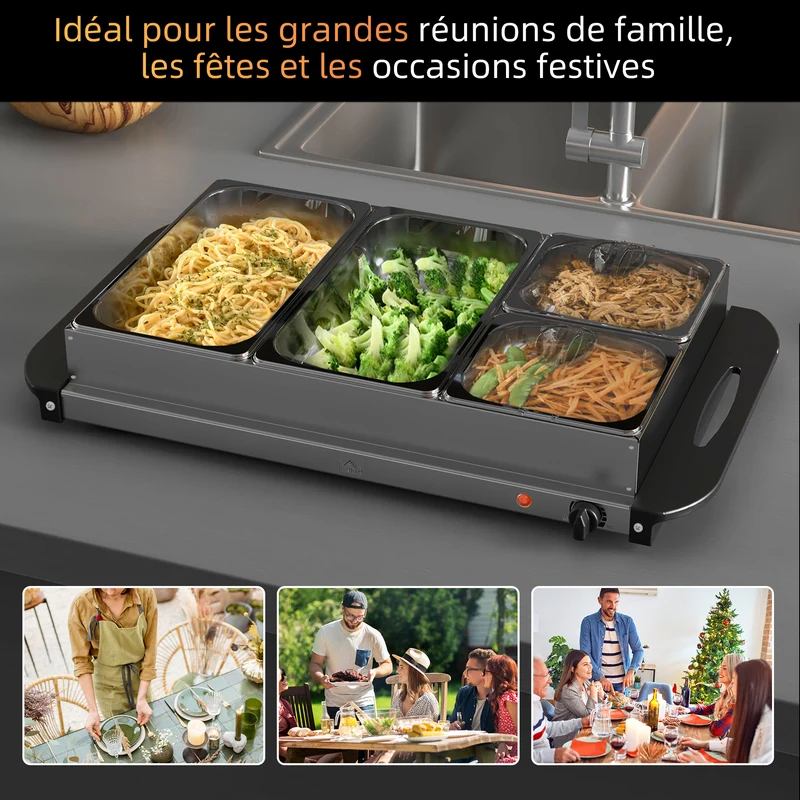 Chauffe-plats électrique buffet 4 zones 64 x 36 x 14 cm chaleur réglable 58-85 °c moderne en acier inoxydable argent 21_0000942