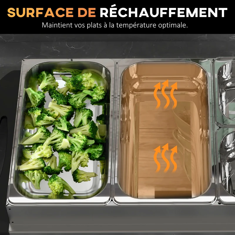 Chauffe-plats électrique buffet 4 zones 64 x 36 x 14 cm chaleur réglable 58-85 °c moderne en acier inoxydable argent 21_0000942