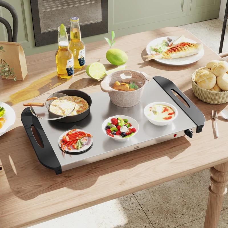 Chauffe-plats électrique buffet 4 zones 64 x 36 x 14 cm chaleur réglable 58-85 °c moderne en acier inoxydable argent 21_0000942