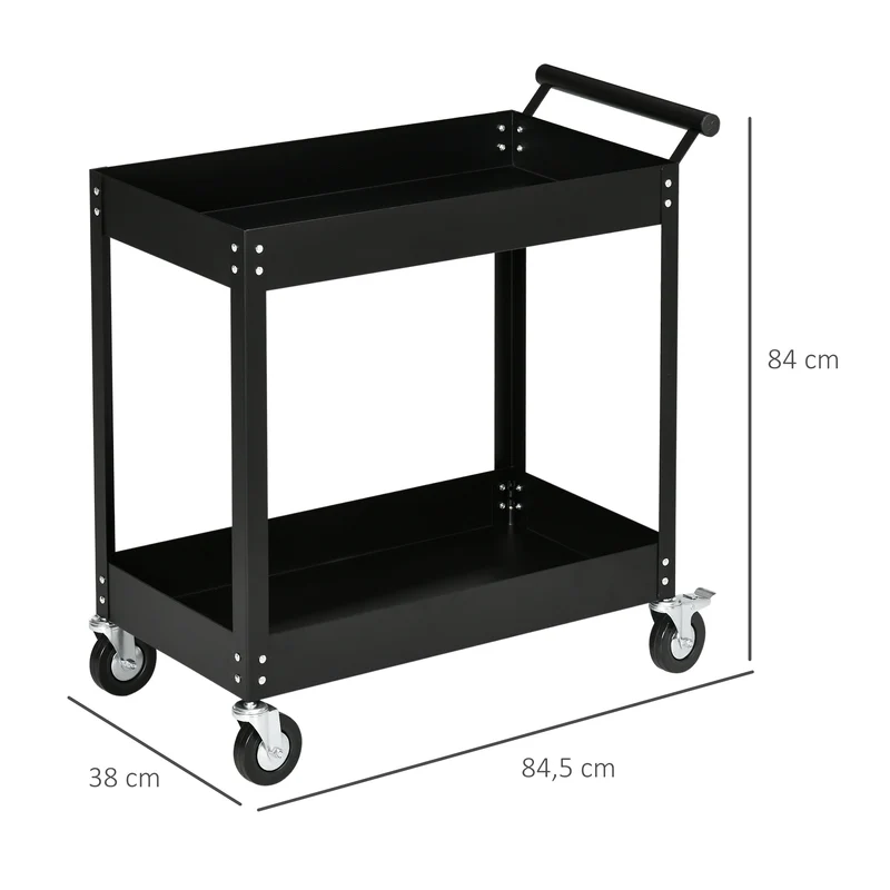 Chariot d'atelier 2 niveaux 84.5 x 38 x 84 cm roulettes verrouillables capacité 150 kg robuste industriel en acier noir 21_0006976