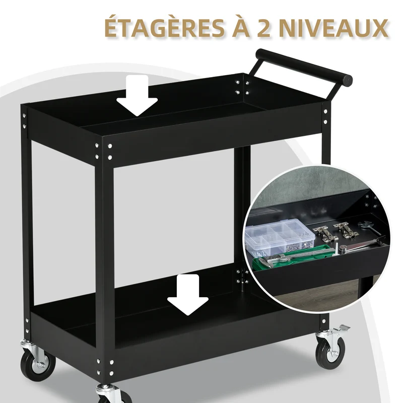 Chariot d'atelier 2 niveaux 84.5 x 38 x 84 cm roulettes verrouillables capacité 150 kg robuste industriel en acier noir 21_0006976