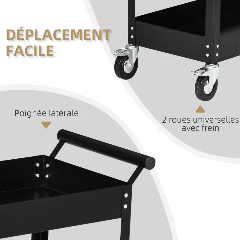 Chariot d'atelier 2 niveaux 84.5 x 38 x 84 cm roulettes verrouillables capacité 150 kg robuste industriel en acier noir 21_0006976