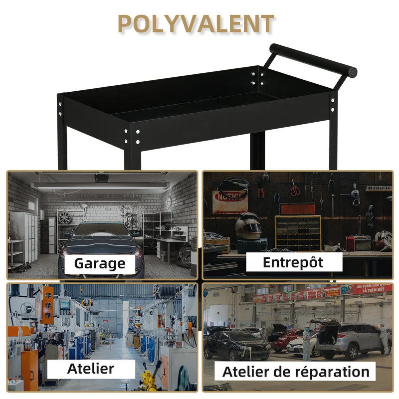 Chariot d'atelier 2 niveaux 84.5 x 38 x 84 cm roulettes verrouillables capacité 150 kg robuste industriel en acier noir 21_0006976