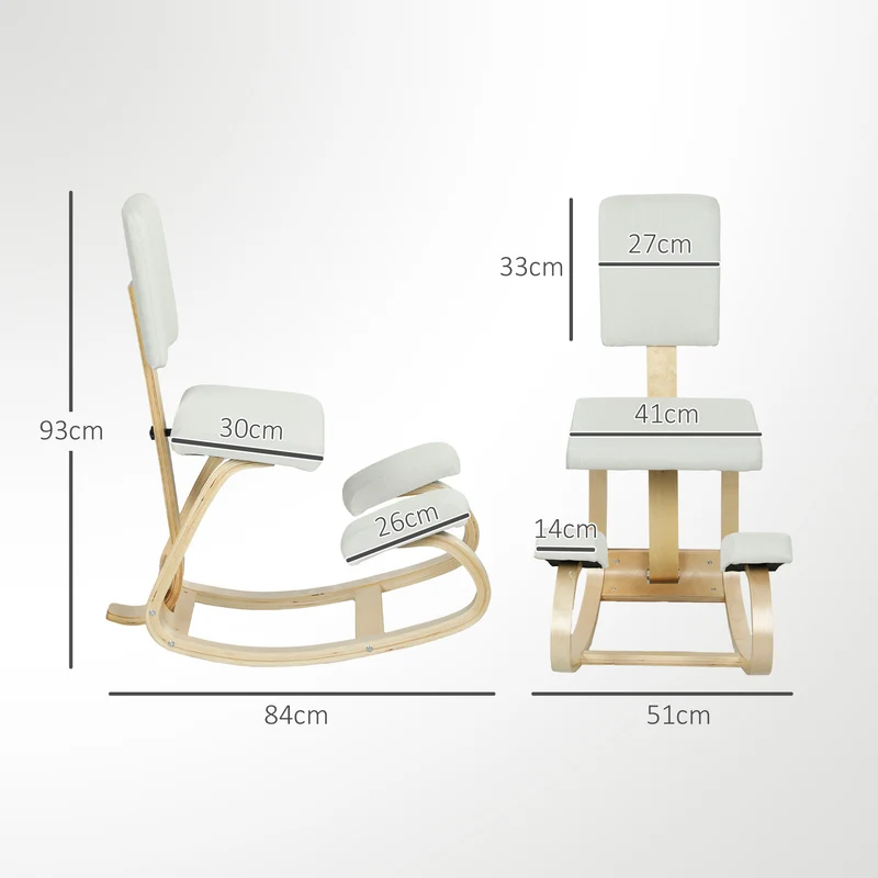 Chaise à genoux ergonomique bureau basculante 51 x 84 x 93 cm améliore posture soulage dos scandinave en bois crème 21_0006276