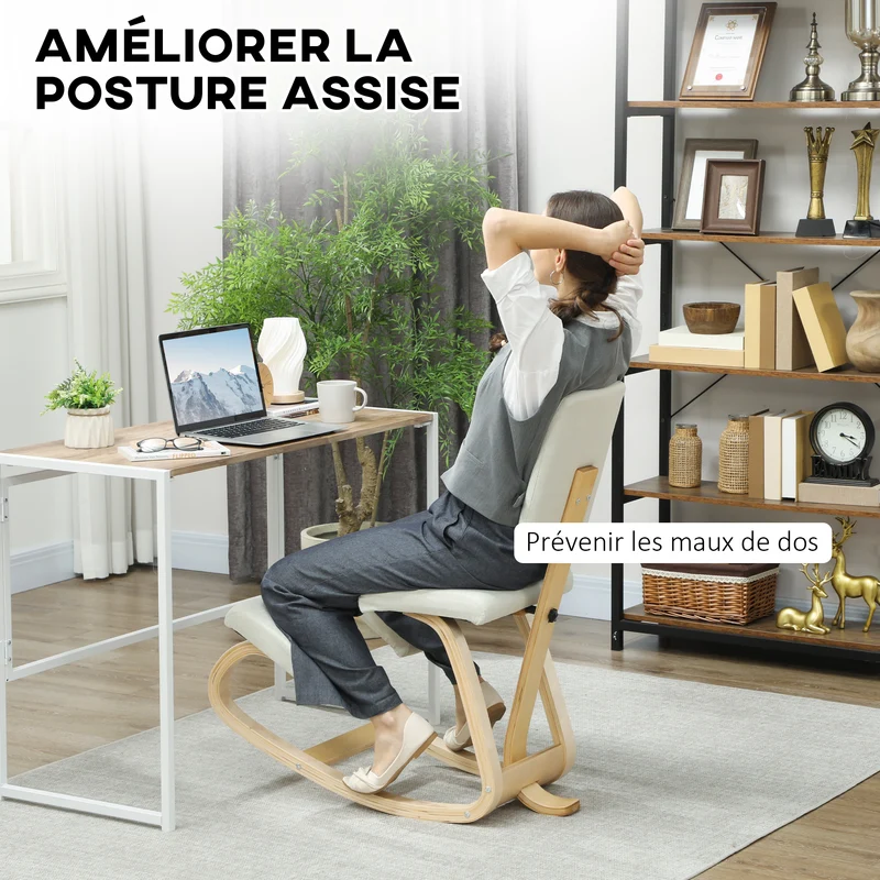 Chaise à genoux ergonomique bureau basculante 51 x 84 x 93 cm améliore posture soulage dos scandinave en bois crème 21_0006276