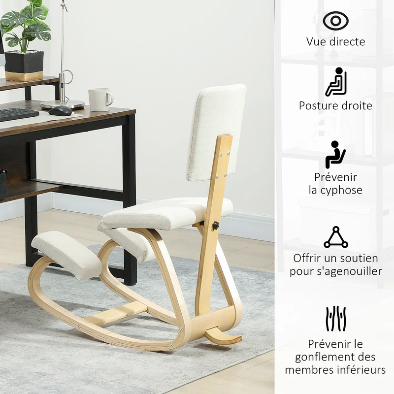 Chaise à genoux ergonomique bureau basculante 51 x 84 x 93 cm améliore posture soulage dos scandinave en bois crème 21_0006276