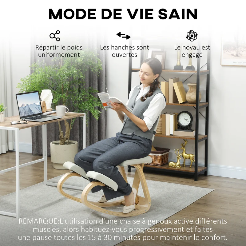 Chaise à genoux ergonomique bureau basculante 51 x 84 x 93 cm améliore posture soulage dos scandinave en bois crème 21_0006276