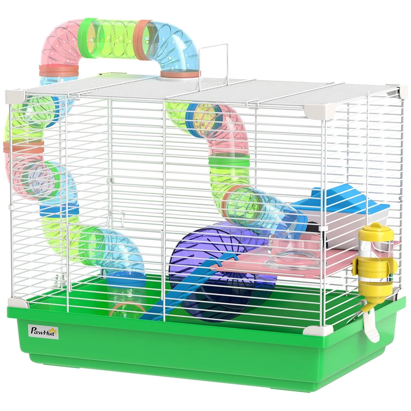 Cage pour hamsters 2 niveaux 46 x 30 x 37 cm espace de jeu entretien facile avec tunnel maisonnette moderne en métal vert 21_0007921
