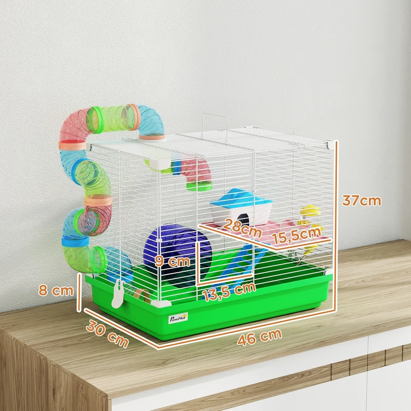 Cage pour hamsters 2 niveaux 46 x 30 x 37 cm espace de jeu entretien facile avec tunnel maisonnette moderne en métal vert 21_0007921