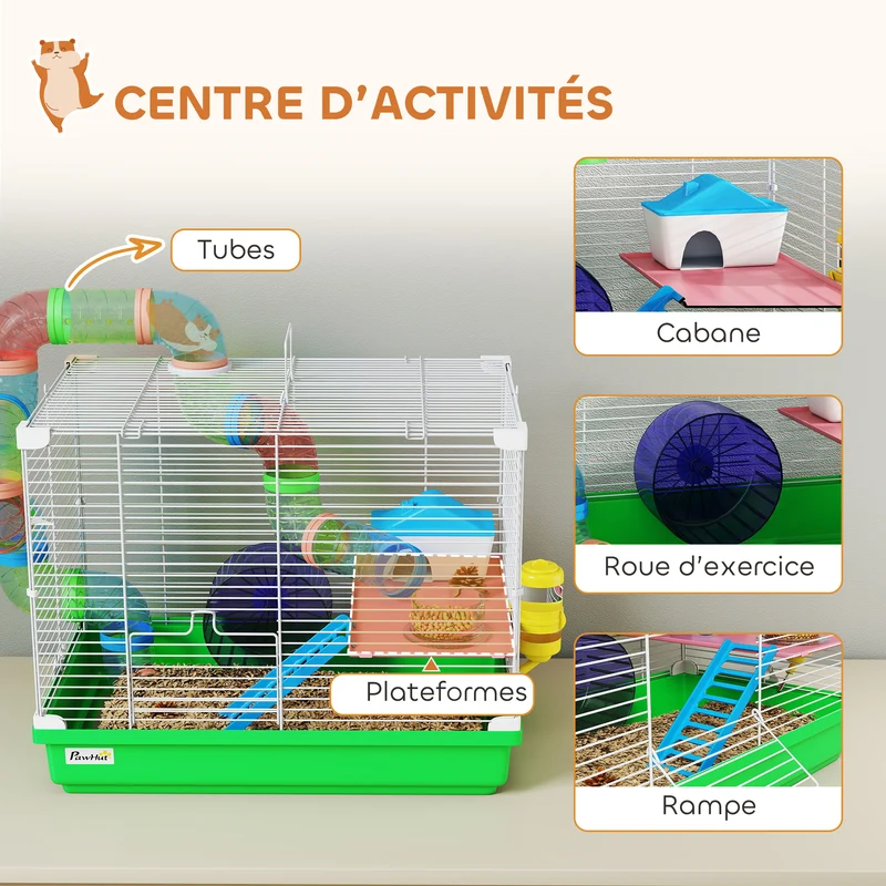 Cage pour hamsters 2 niveaux 46 x 30 x 37 cm espace de jeu entretien facile avec tunnel maisonnette moderne en métal vert 21_0007921