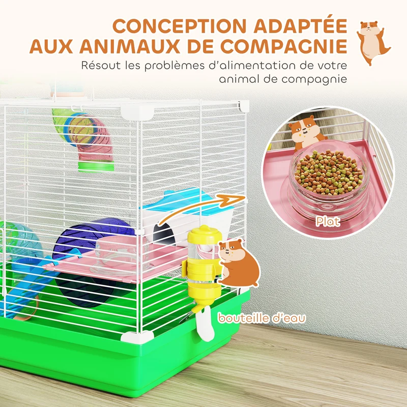 Cage pour hamsters 2 niveaux 46 x 30 x 37 cm espace de jeu entretien facile avec tunnel maisonnette moderne en métal vert 21_0007921