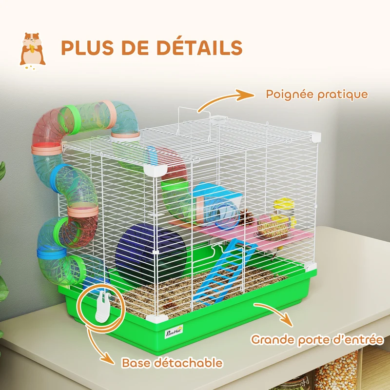 Cage pour hamsters 2 niveaux 46 x 30 x 37 cm espace de jeu entretien facile avec tunnel maisonnette moderne en métal vert 21_0007921