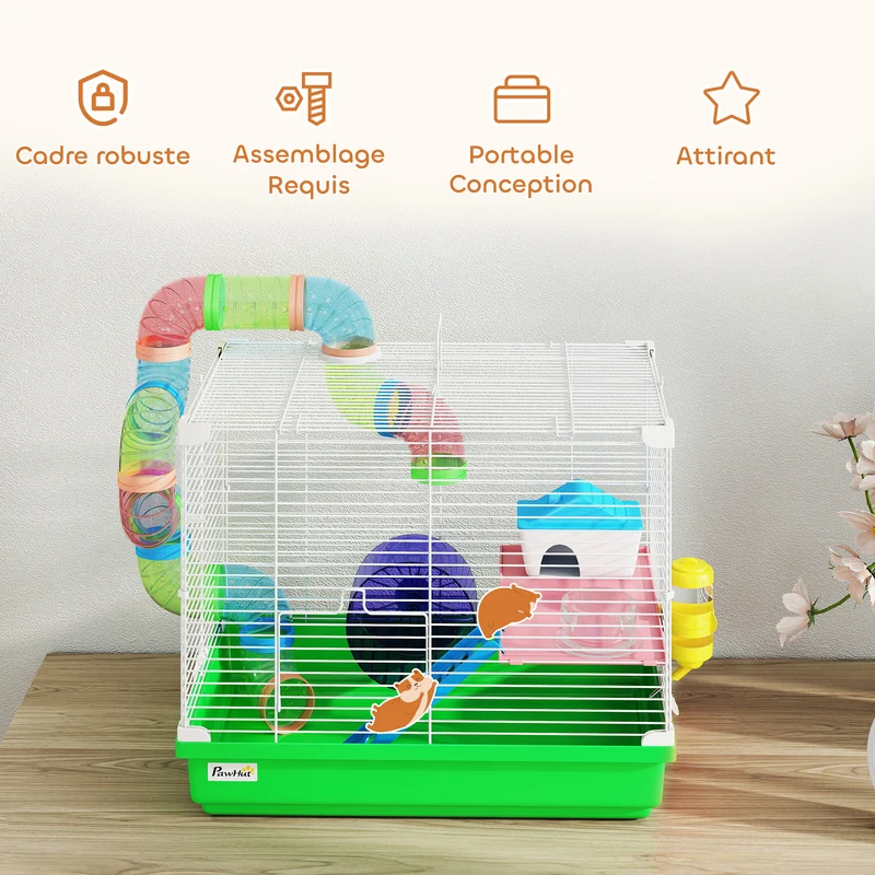 Cage pour hamsters 2 niveaux 46 x 30 x 37 cm espace de jeu entretien facile avec tunnel maisonnette moderne en métal vert 21_0007921