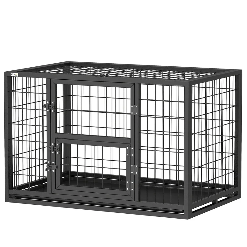 Cage pour chien intérieur 94 x 60 x 64 cm porte supérieure et porte repas sécurisée tiroir industriel en acier noir 21_0007318