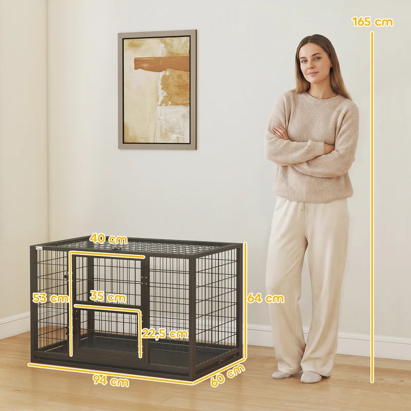 Cage pour chien intérieur 94 x 60 x 64 cm porte supérieure et porte repas sécurisée tiroir industriel en acier noir 21_0007318
