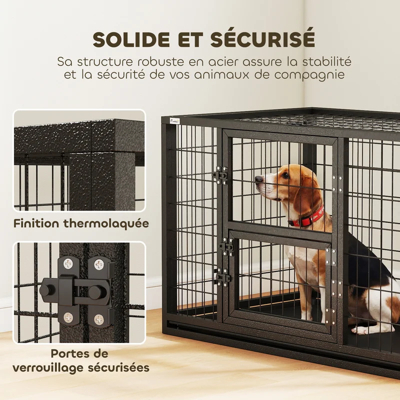 Cage pour chien intérieur 94 x 60 x 64 cm porte supérieure et porte repas sécurisée tiroir industriel en acier noir 21_0007318