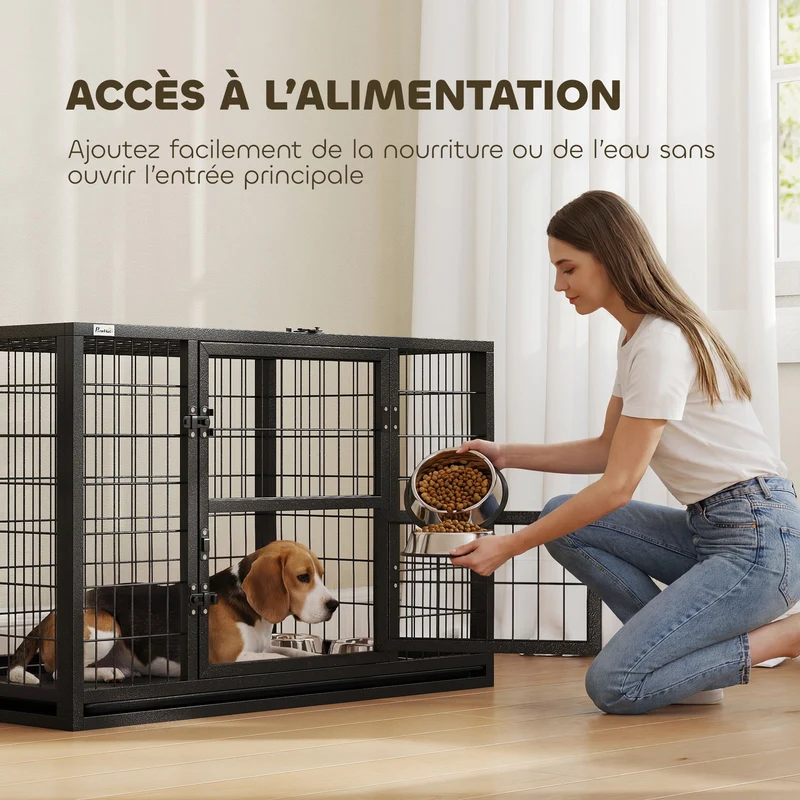 Cage pour chien intérieur 94 x 60 x 64 cm porte supérieure et porte repas sécurisée tiroir industriel en acier noir 21_0007318