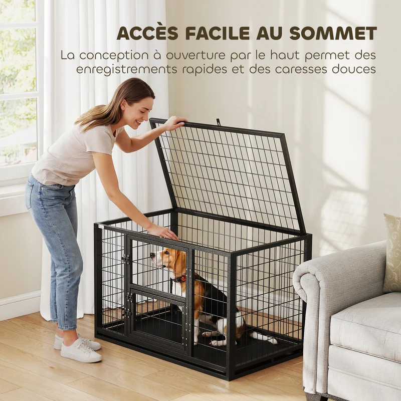 Cage pour chien intérieur 94 x 60 x 64 cm porte supérieure et porte repas sécurisée tiroir industriel en acier noir 21_0007318