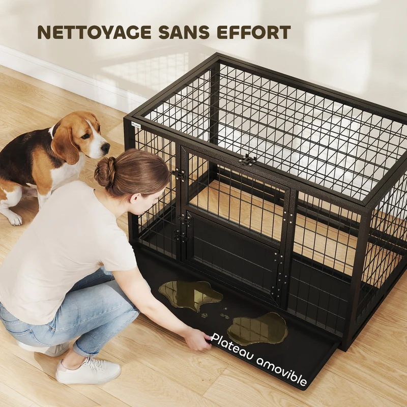 Cage pour chien intérieur 94 x 60 x 64 cm porte supérieure et porte repas sécurisée tiroir industriel en acier noir 21_0007318