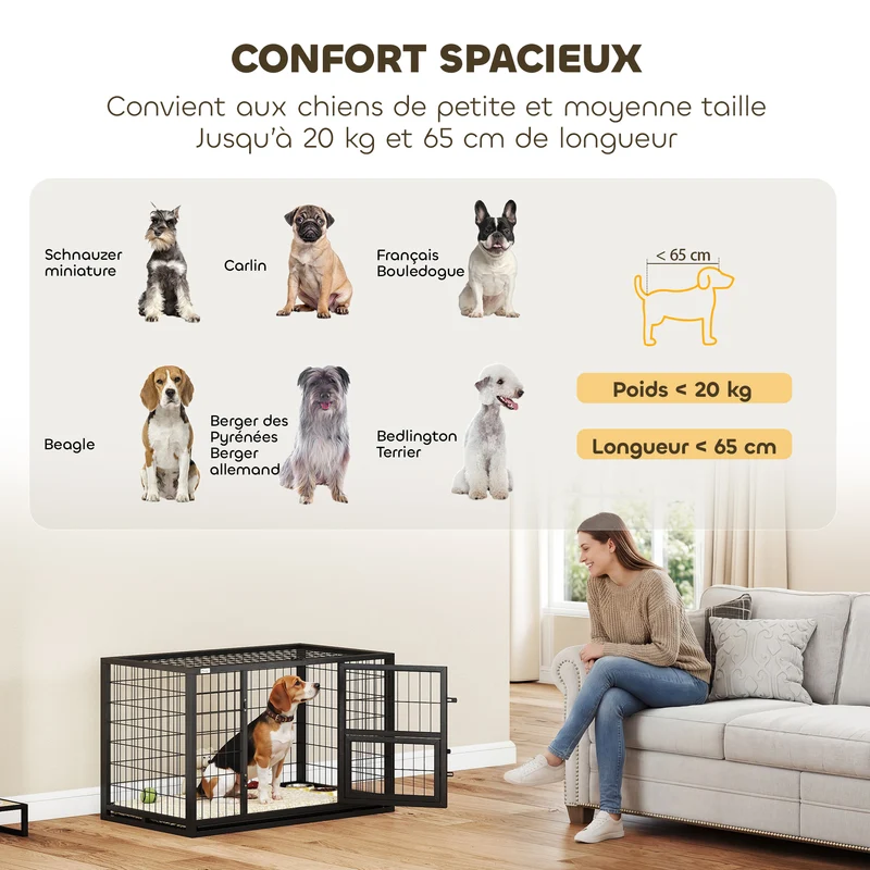Cage pour chien intérieur 94 x 60 x 64 cm porte supérieure et porte repas sécurisée tiroir industriel en acier noir 21_0007318