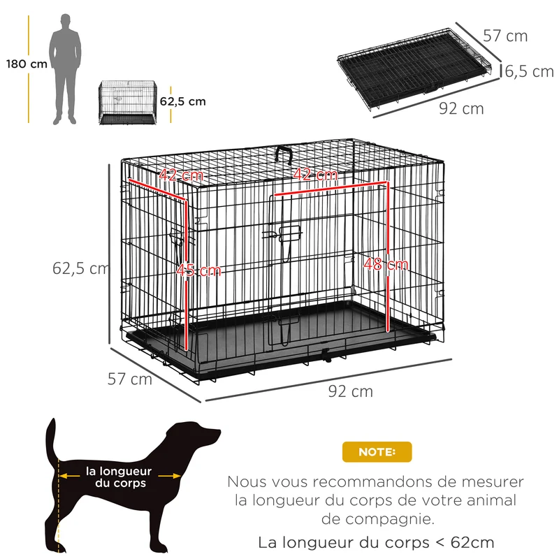 Cage de transport pliable pour chien 92 x 57 x 62 cm double loquet plateau amovible robuste contemporain en acier noir 21_0007204