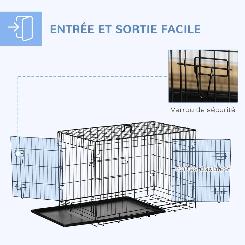 Cage de transport pliable pour chien 92 x 57 x 62 cm double loquet plateau amovible robuste contemporain en acier noir 21_0007204