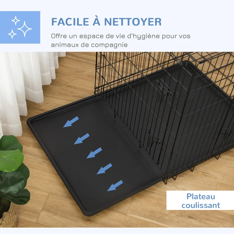 Cage de transport pliable pour chien 92 x 57 x 62 cm double loquet plateau amovible robuste contemporain en acier noir 21_0007204