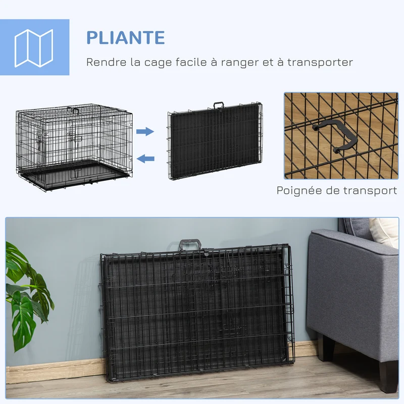 Cage de transport pliable pour chien 92 x 57 x 62 cm double loquet plateau amovible robuste contemporain en acier noir 21_0007204
