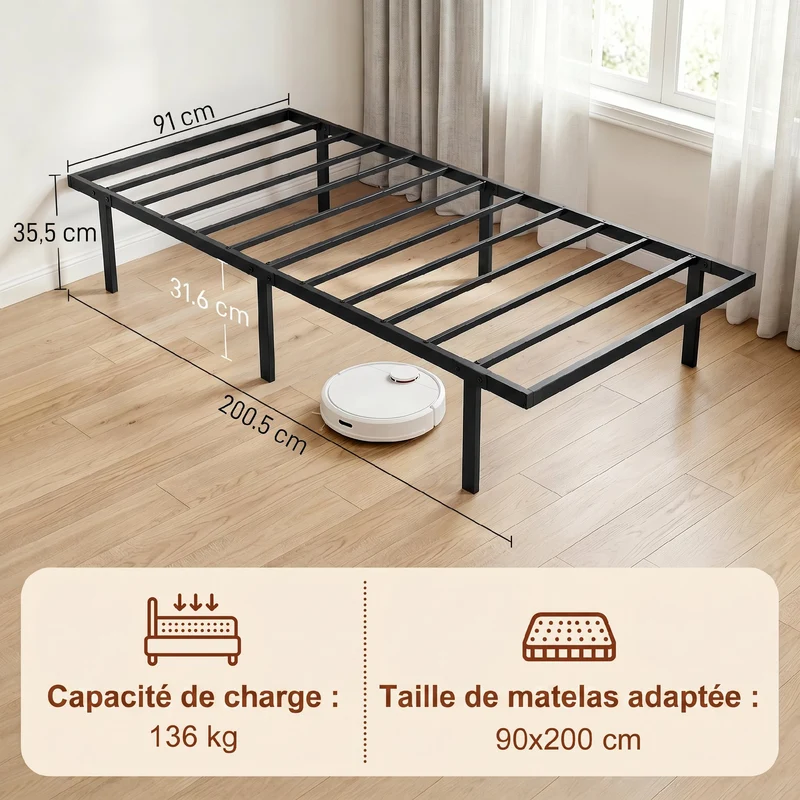 Cadre de lit simple pour la chambre 90 x 200 cm rangement sous lit silencieux style épuré contemporain en métal noir 21_0003794