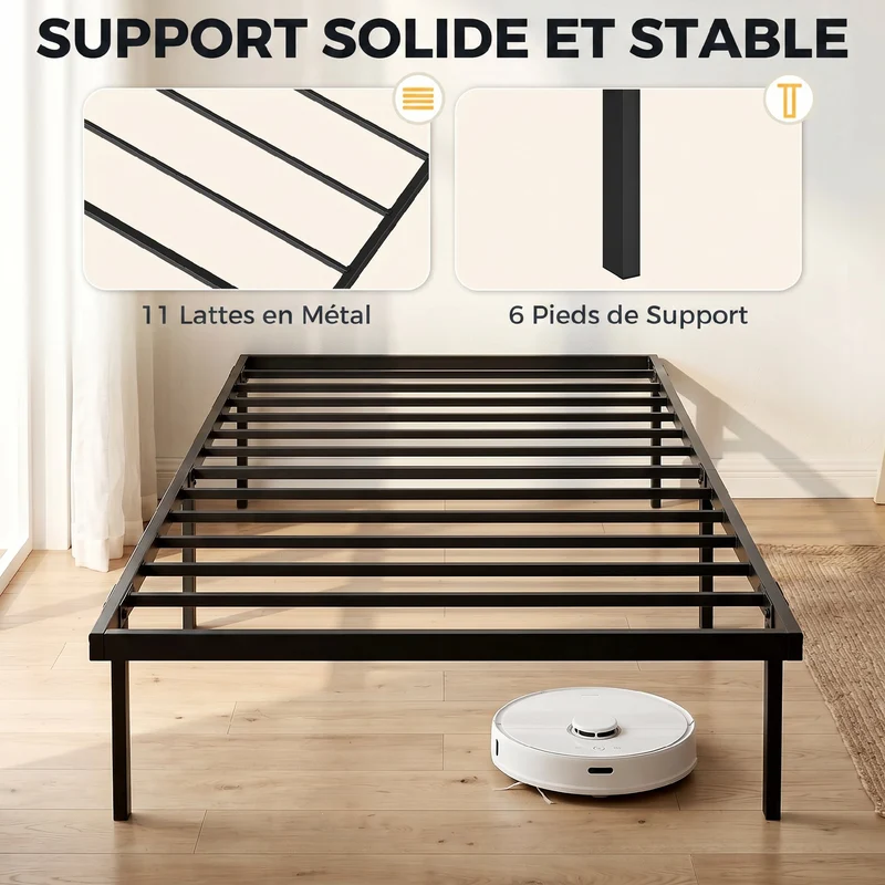 Cadre de lit simple pour la chambre 90 x 200 cm rangement sous lit silencieux style épuré contemporain en métal noir 21_0003794