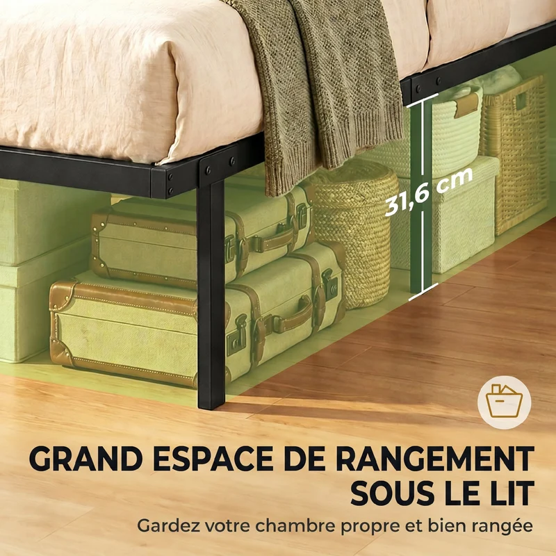 Cadre de lit simple pour la chambre 90 x 200 cm rangement sous lit silencieux style épuré contemporain en métal noir 21_0003794