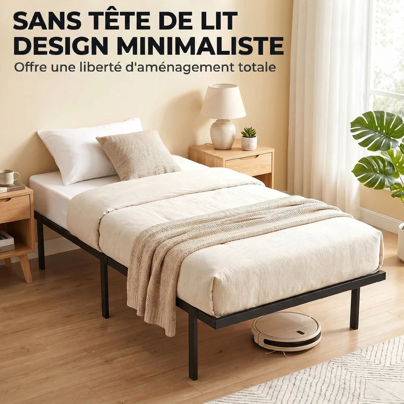 Cadre de lit simple pour la chambre 90 x 200 cm rangement sous lit silencieux style épuré contemporain en métal noir 21_0003794