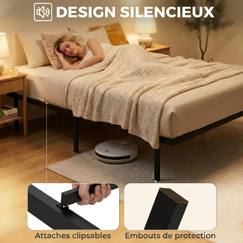 Cadre de lit simple pour la chambre 90 x 200 cm rangement sous lit silencieux style épuré contemporain en métal noir 21_0003794