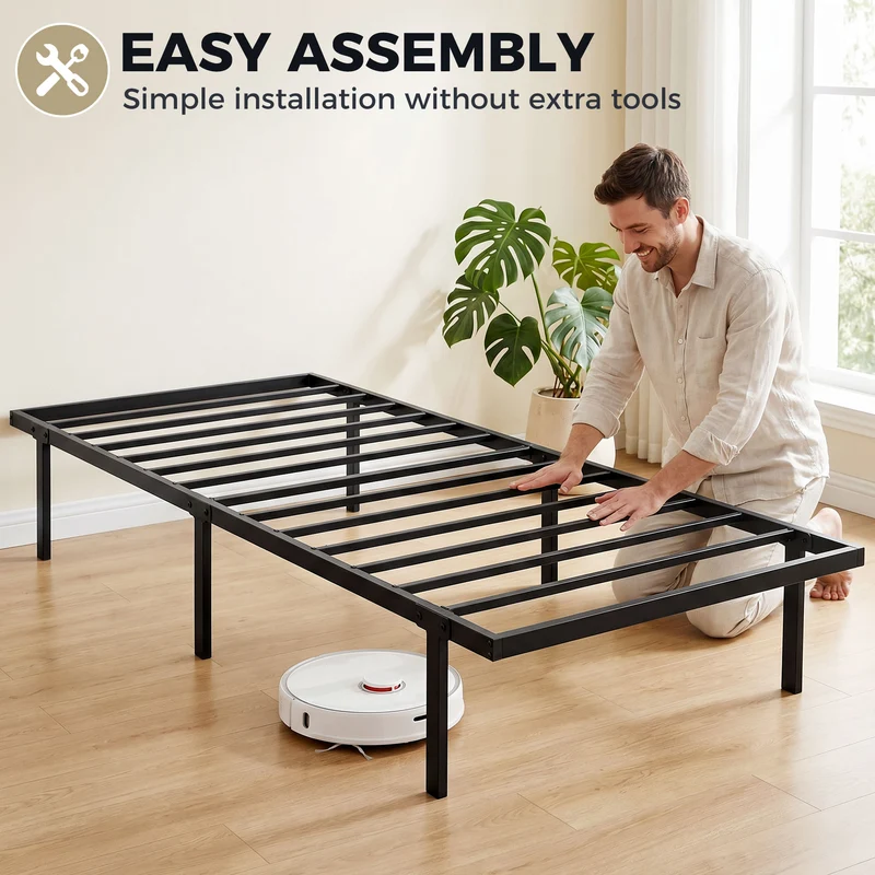 Cadre de lit simple pour la chambre 90 x 200 cm rangement sous lit silencieux style épuré contemporain en métal noir 21_0003794