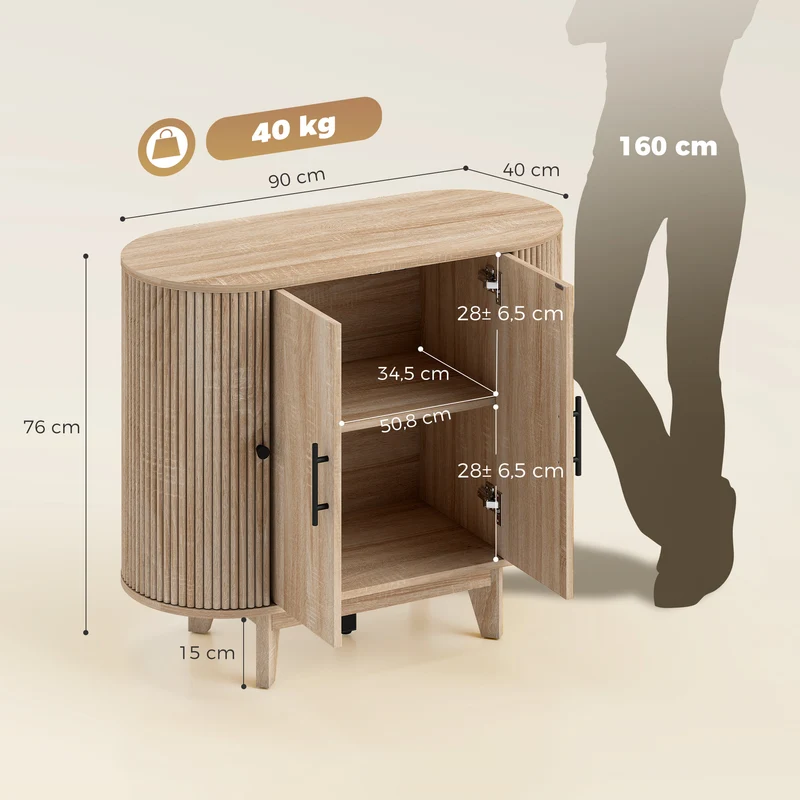 Buffet ovale arrondi de salon rangement 90 x 40 x 76 cm étagères réglables gain de place style contemporain en MDF chêne 21_0003672