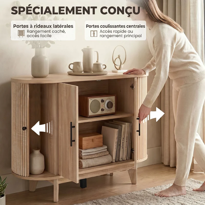 Buffet ovale arrondi de salon rangement 90 x 40 x 76 cm étagères réglables gain de place style contemporain en MDF chêne 21_0003672