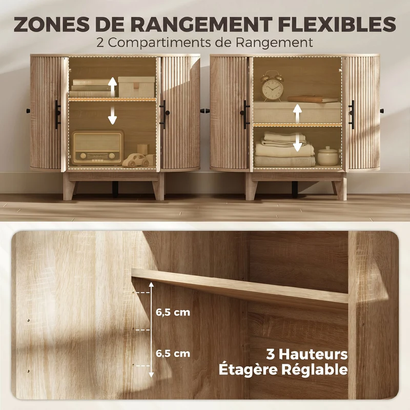 Buffet ovale arrondi de salon rangement 90 x 40 x 76 cm étagères réglables gain de place style contemporain en MDF chêne 21_0003672