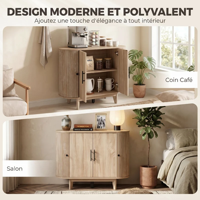 Buffet ovale arrondi de salon rangement 90 x 40 x 76 cm étagères réglables gain de place style contemporain en MDF chêne 21_0003672