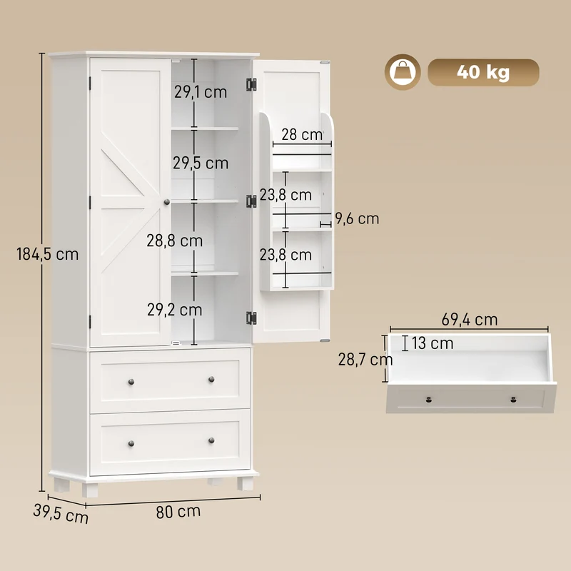 Buffet haut cuisine 80 x 39,5 x 184,5 cm étagères réglables tiroirs très spacieux rustique finition mate en MDF blanc 21_0003409
